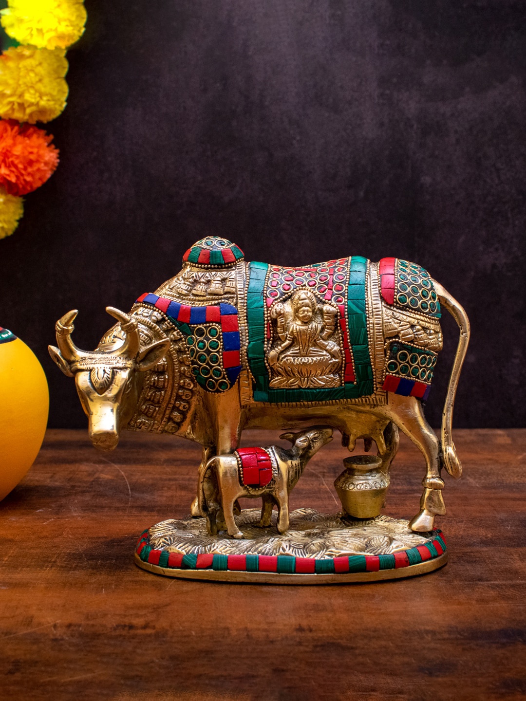 

StatueStudio Gold-Toned & Green Brass Kamdhenu Cow Idol Showpiece