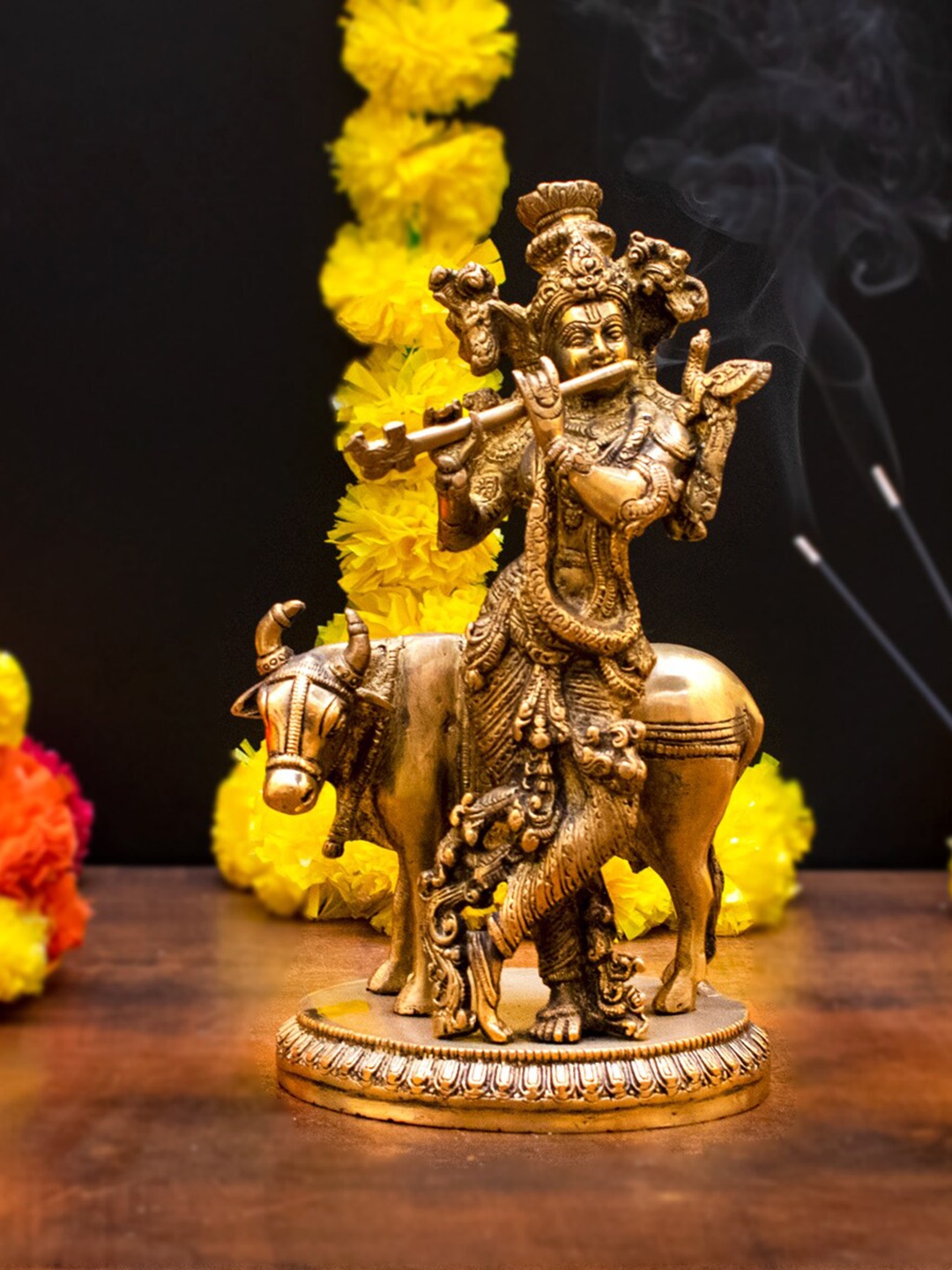 

StatueStudio Gold Toned Krishna With Cow Statue Showpiece