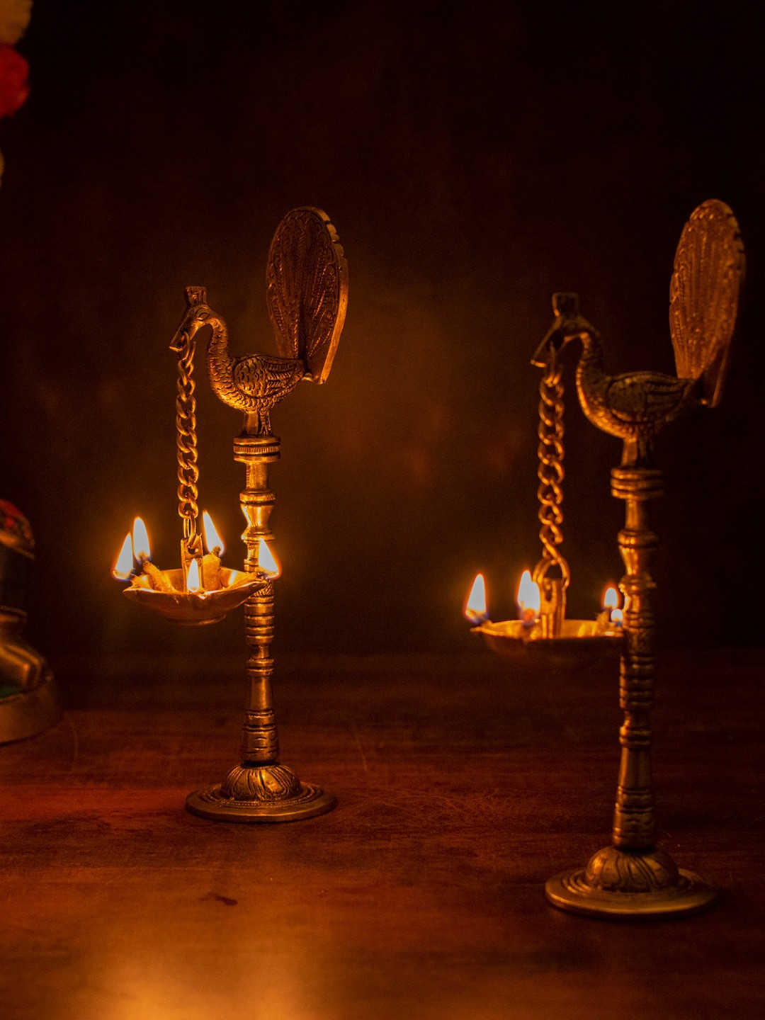 

StatueStudio Gold-Toned 2 Pieces Peacock Design Brass Oil Lamp Diya