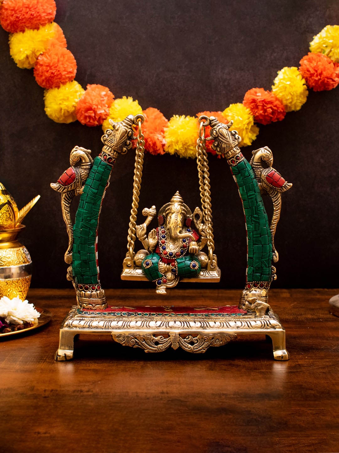 

StatueStudio Gold-Toned & Green Brass Ganesha Idol Swing On Jhula Showpiece