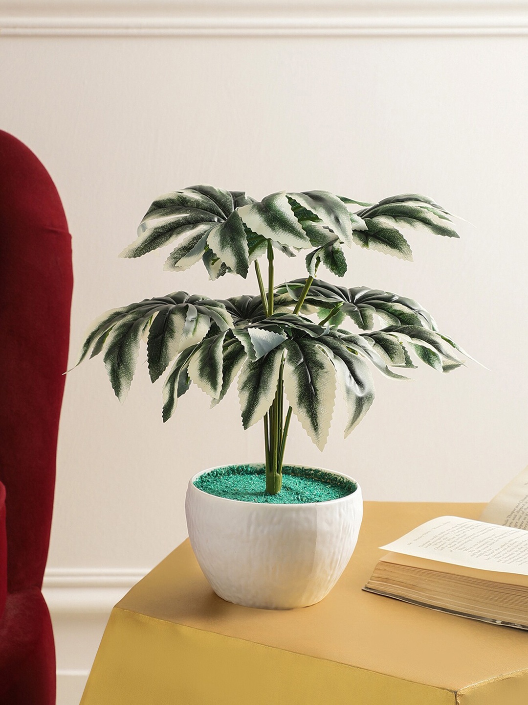 

FOLIYAJ Green & White Real Look Artificial Spiderswed Plant With Pot