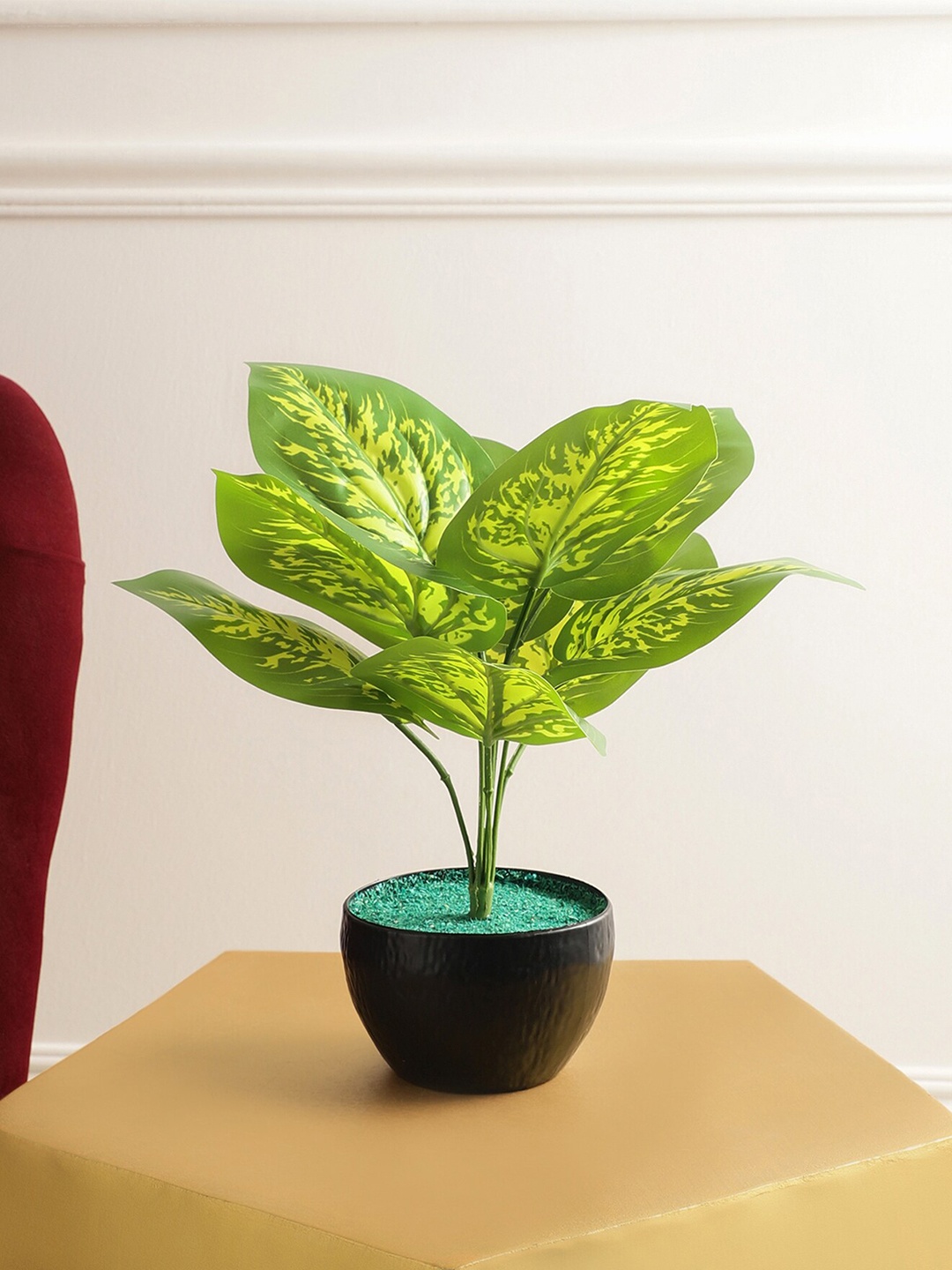 

FOLIYAJ Green & Black Artificial Money Plant With 9 Leaves and Pot