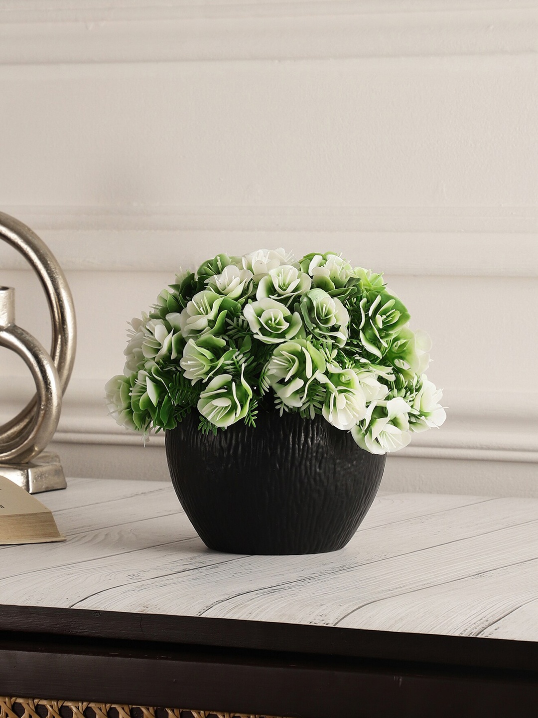 

FOLIYAJ Green & White Artificial Rose Flowers With Pot