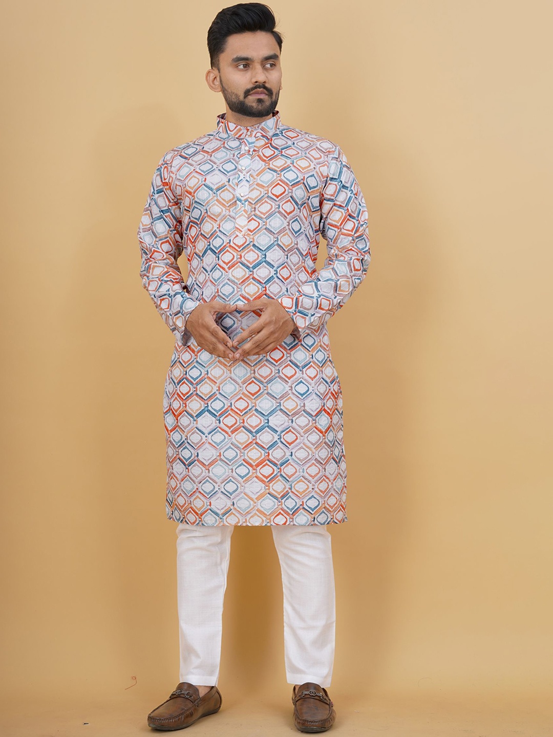 

PREMROOP- THE STYLE YOU LOVE Ethnic Motifs Printed Mandarin Collar Kurta, Turquoise blue
