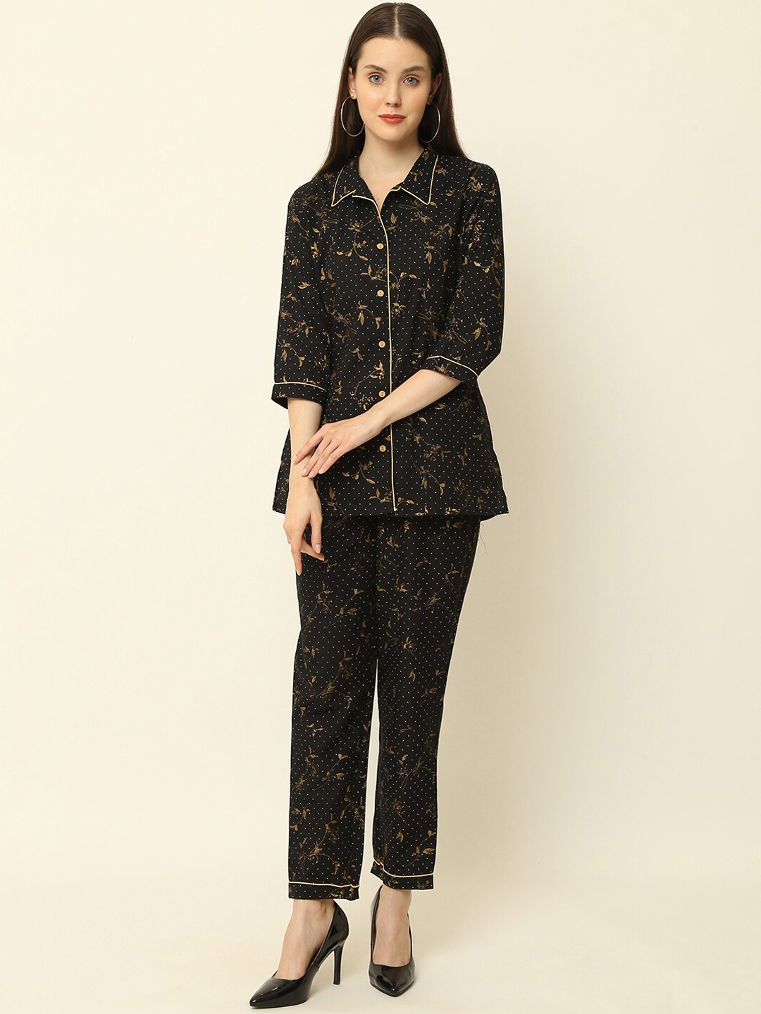 

Vastralay Floral Printed Pure Cotton Shirt With Pyjamas, Black