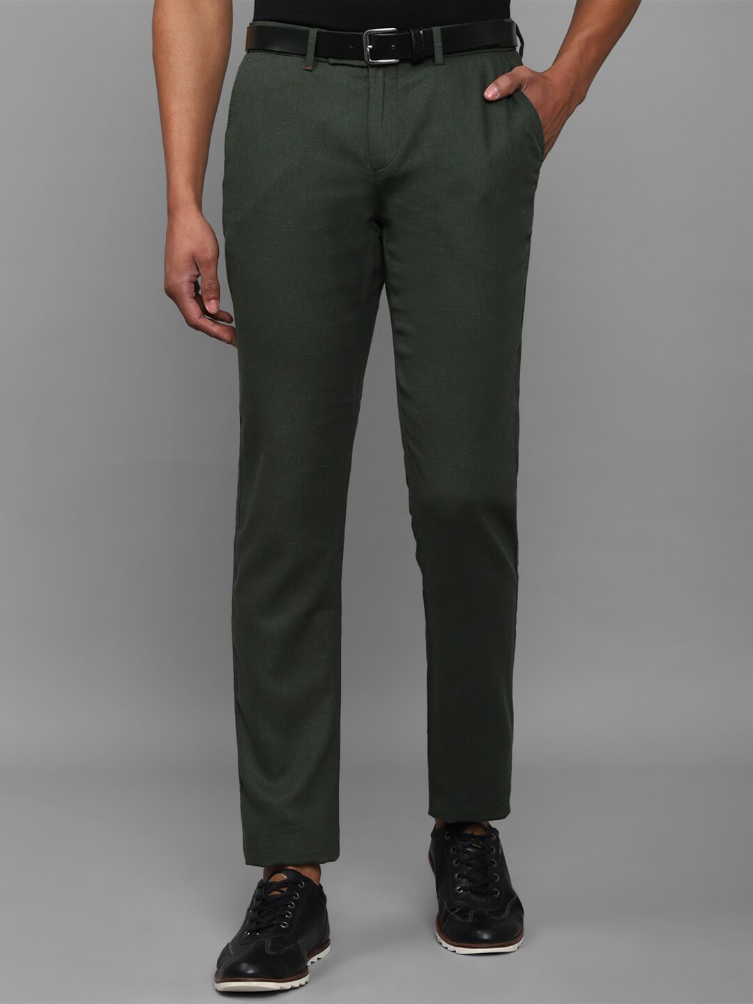 

Allen Solly Men Mid-Rise Textured Slim Fit Plain Trousers, Green