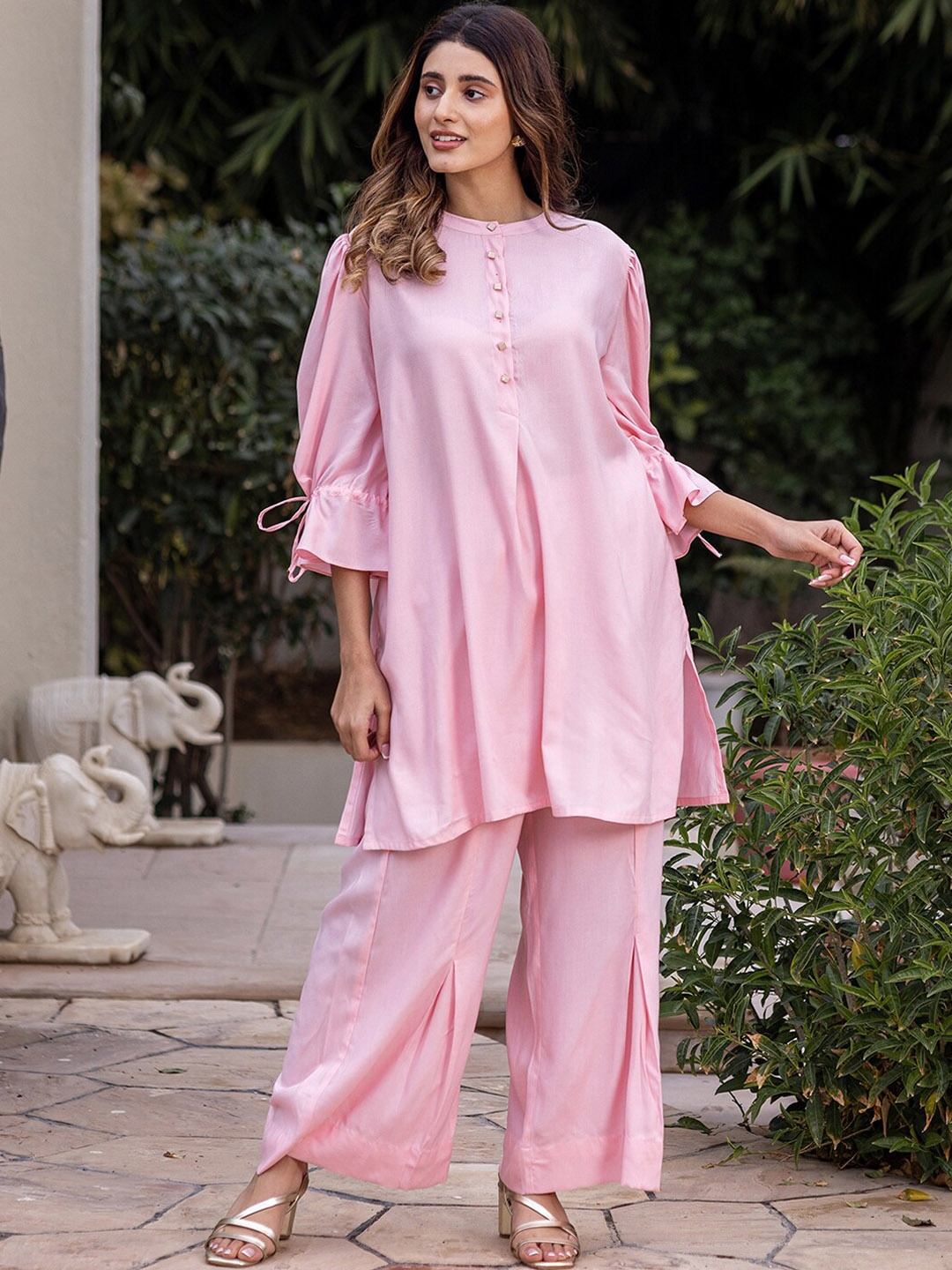

Ambraee Mandarin Collar Tunic With Palazzos, Pink