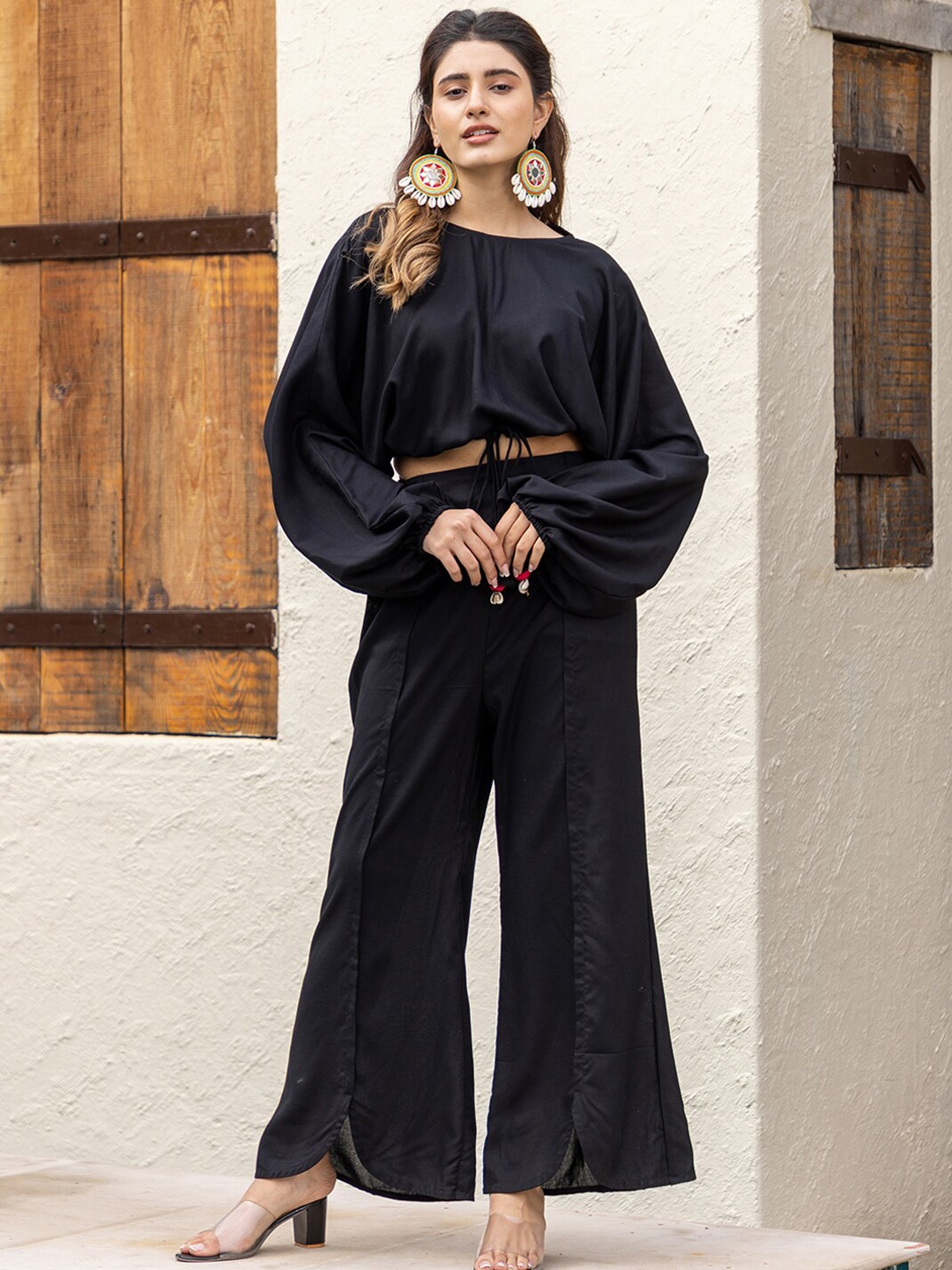

Ambraee Boat Neck Top With Palazzos, Black