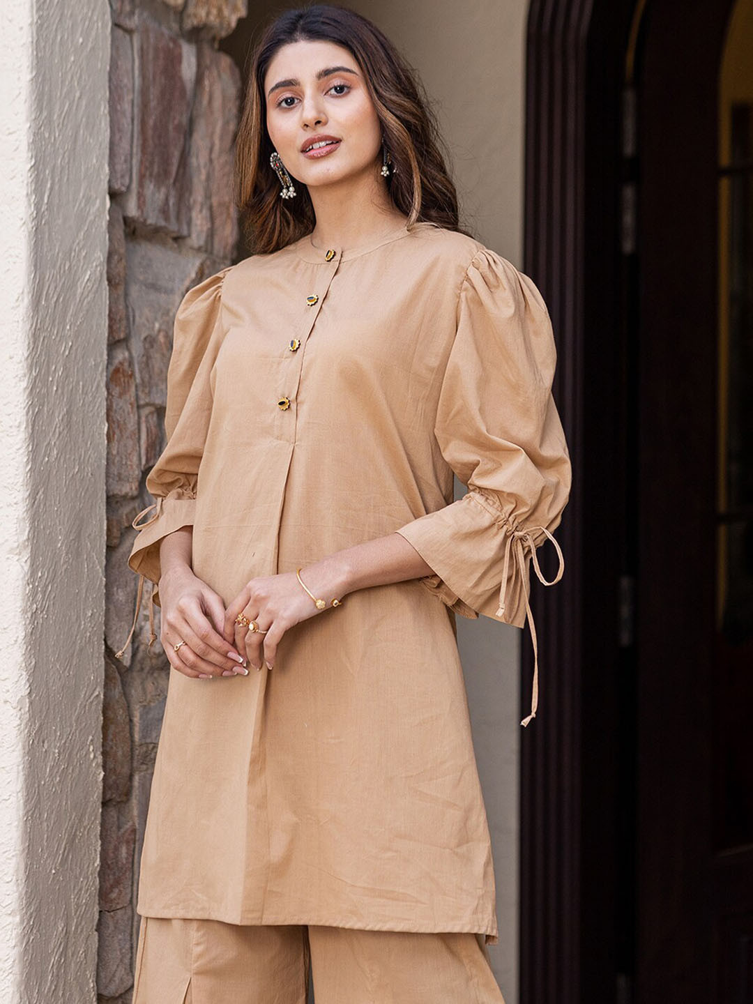 

Ambraee Puffed Sleeves Pure Cotton Tunic With Trousers Co-Ords, Beige
