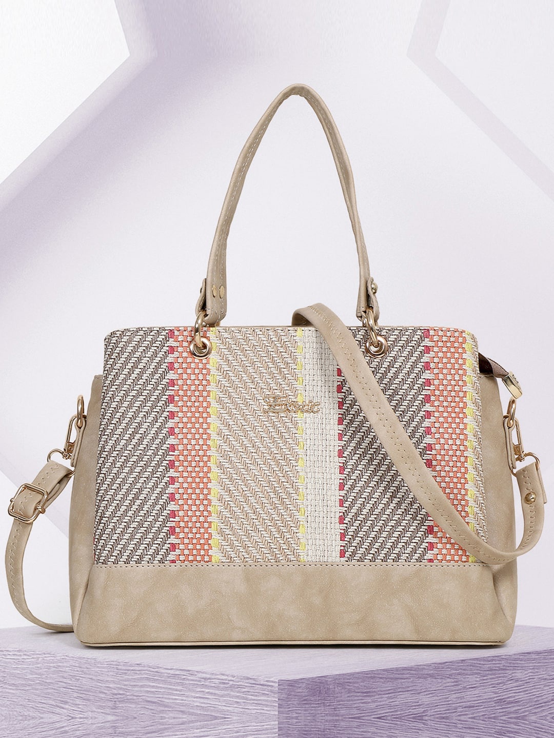 

Exotic Striped Structured Handheld Bag, Cream