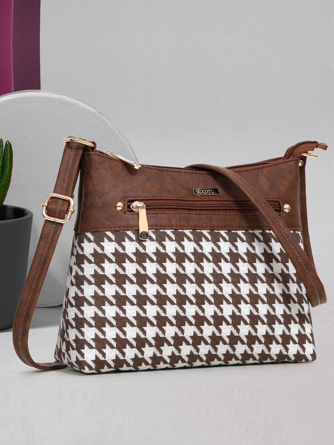 

Exotic Geometric Structured Sling Bag, Brown