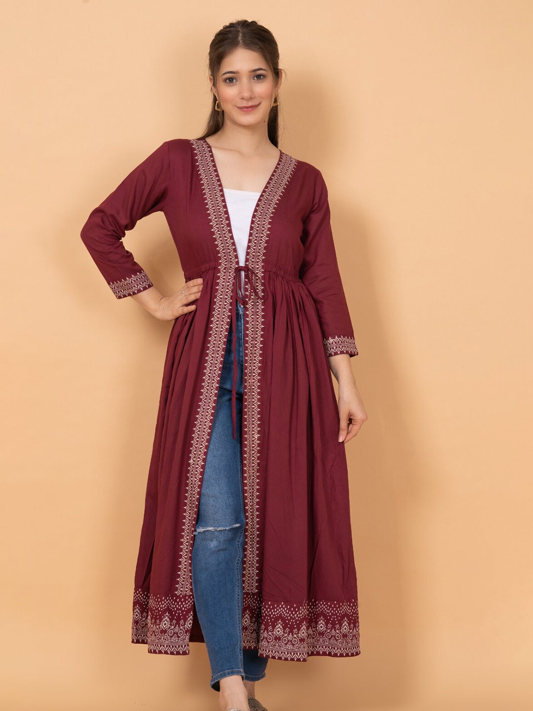 

DAEVISH Women Printed Longline Tie-Up Shrug, Maroon