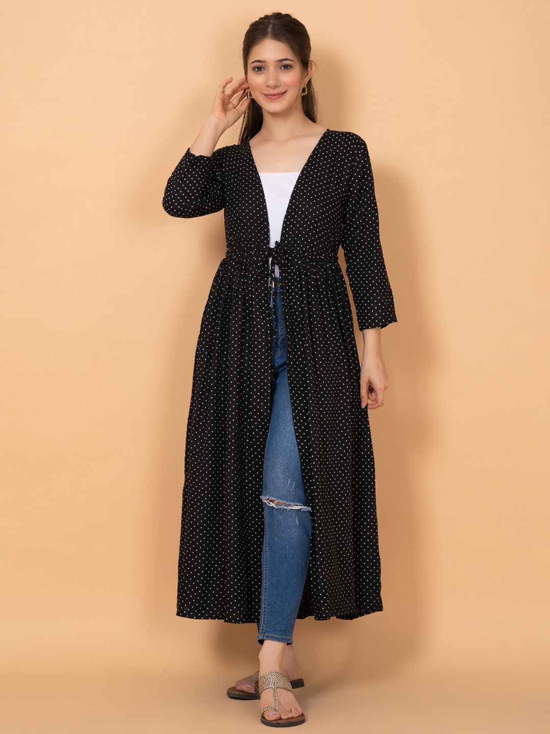 

DAEVISH Women Polka Dots Printed Longline Monochrome Tie-Up Shrug, Black