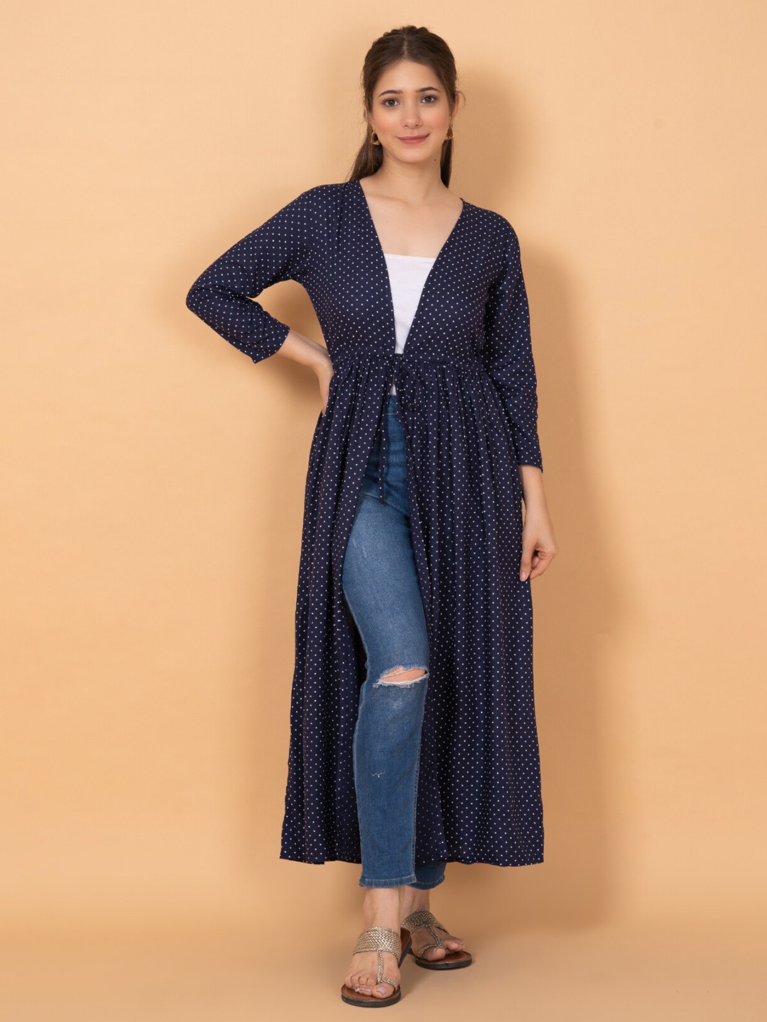 

DAEVISH Women Polka Dots Printed Longline Monochrome Tie-Up Shrug, Blue
