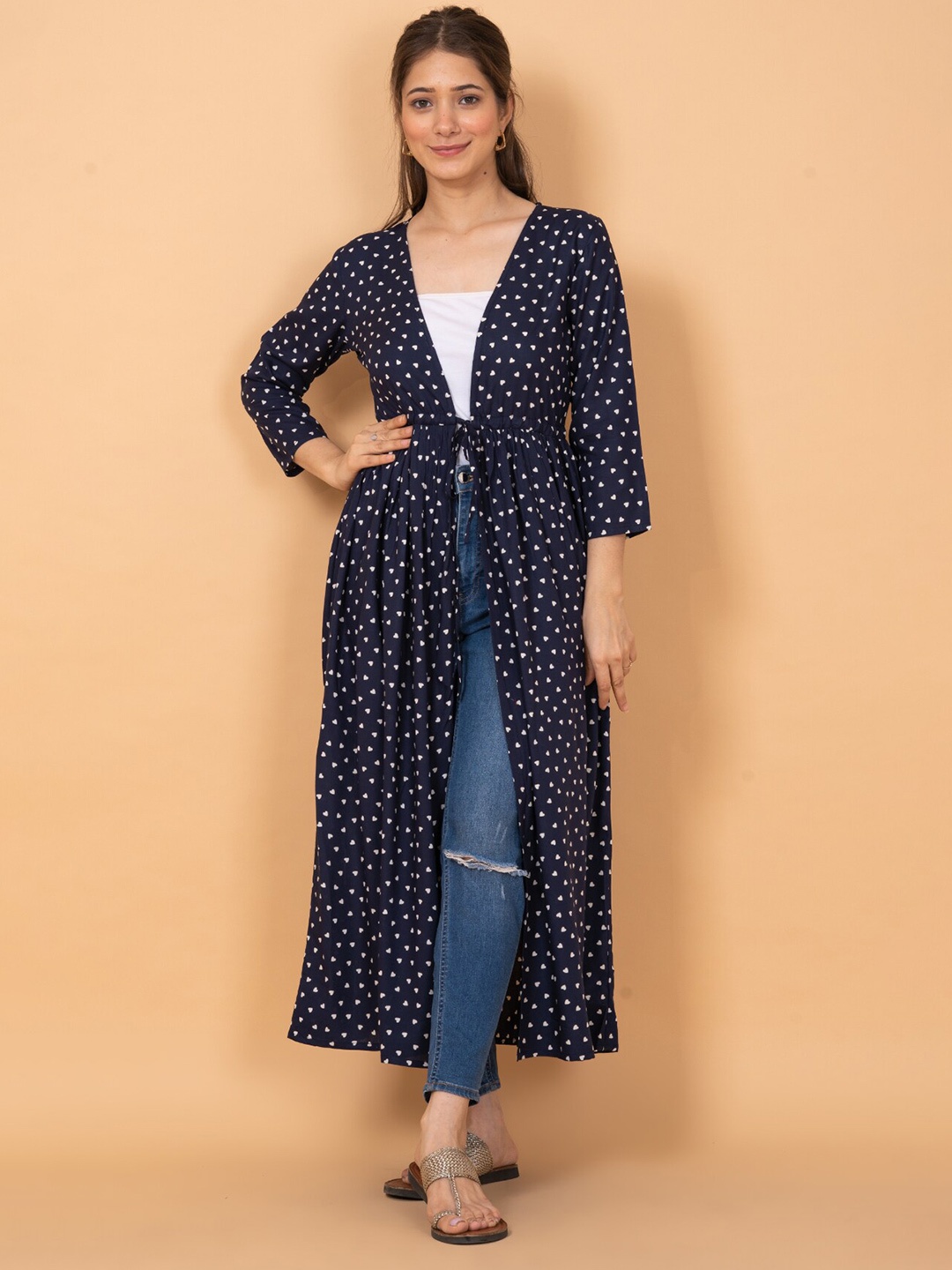

DAEVISH Women Polka Dots Printed Longline Tie-Up Shrug, Blue