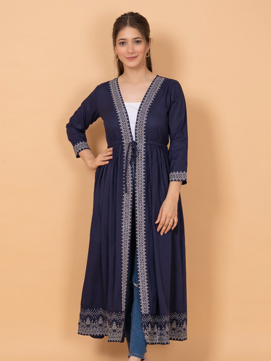 

DAEVISH Women Printed Longline Tie-Up Shrug, Navy blue