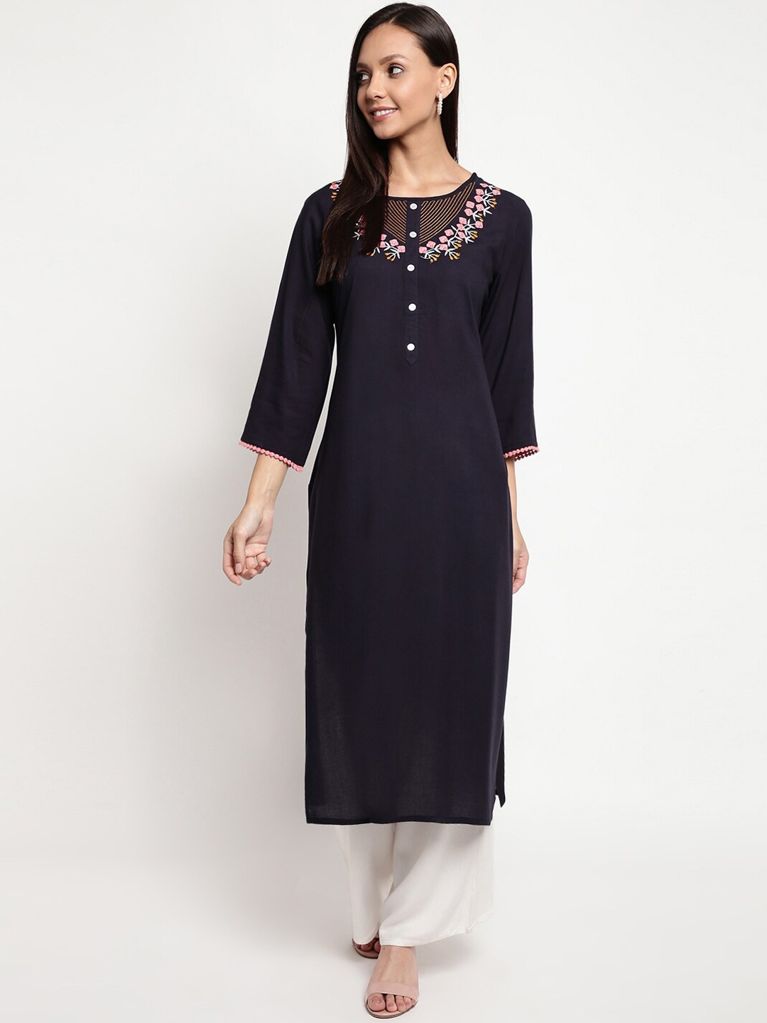 

Napra Floral Embroidered Pure Cotton Straight Kurta, Navy blue