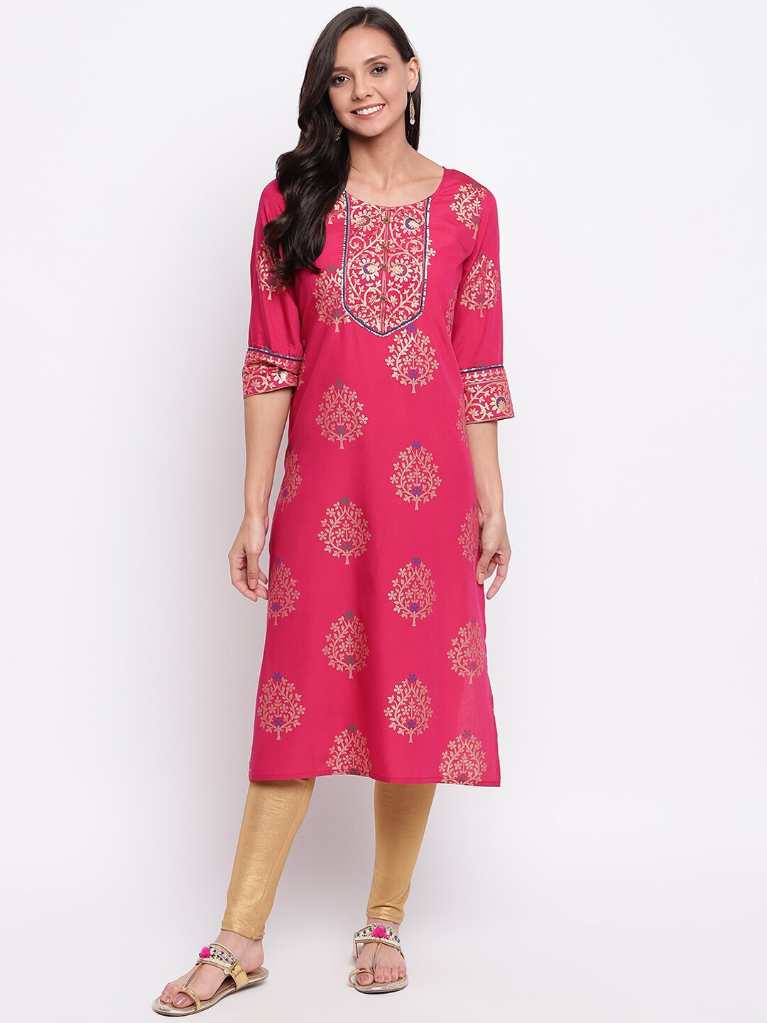 

Napra Ethnic Motifs Printed Sequined Straight Kurta, Pink