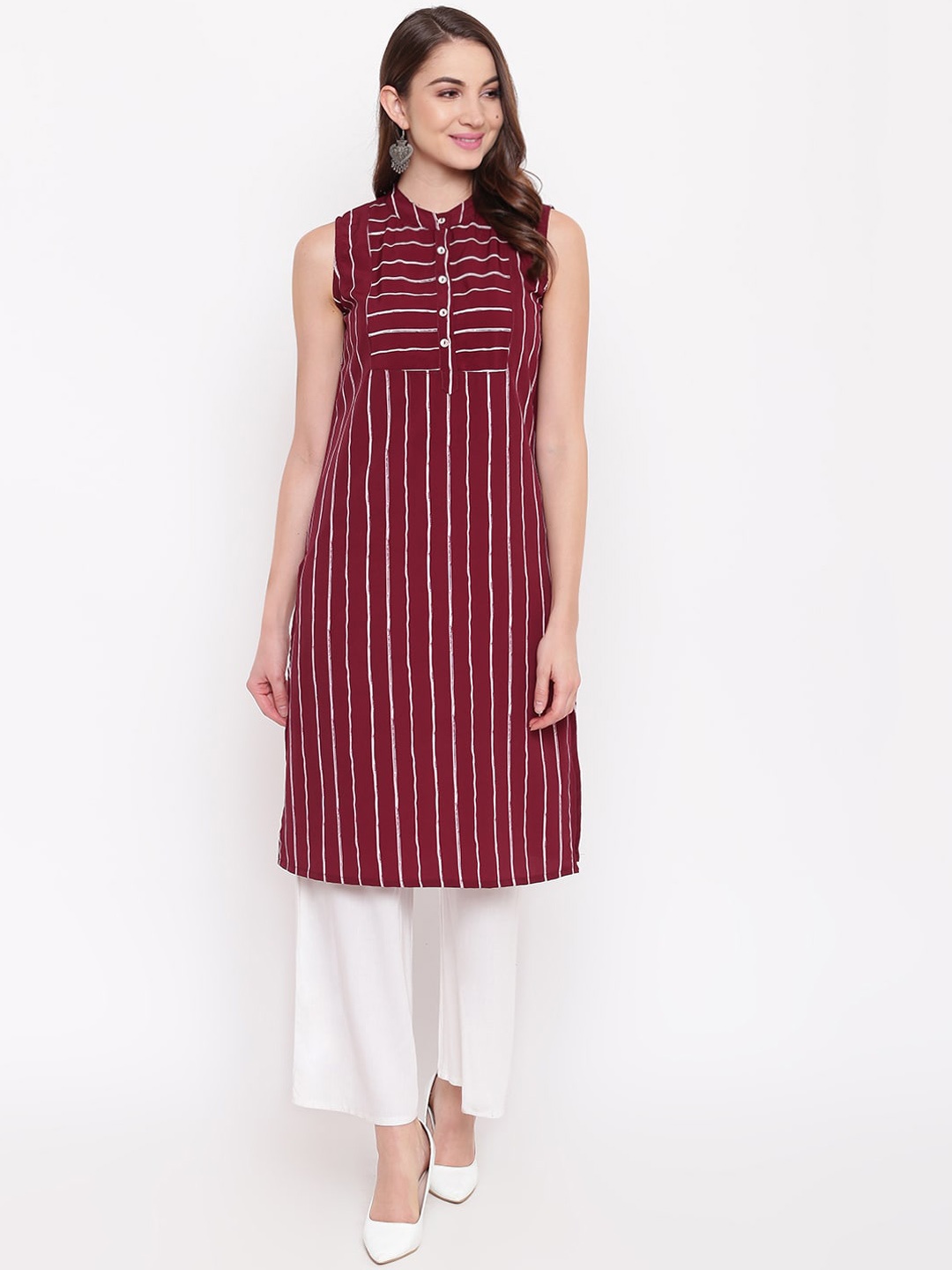 

Napra Band Collar Striped Straight Kurta, Maroon