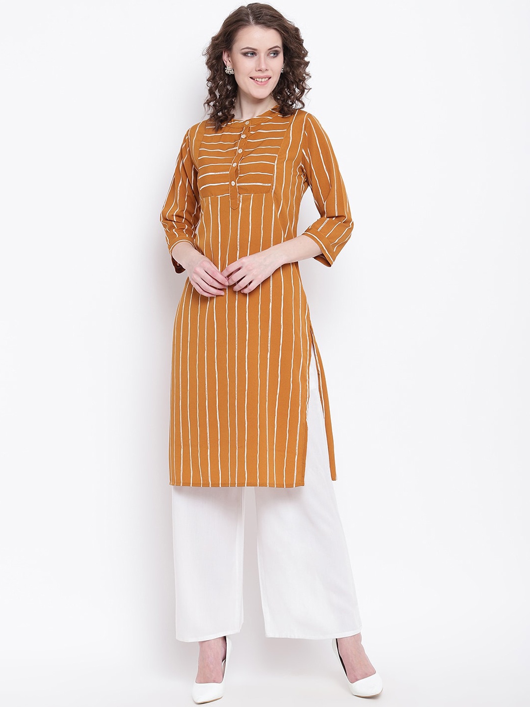 

Napra Band Collar Striped Straight Kurta, Mustard