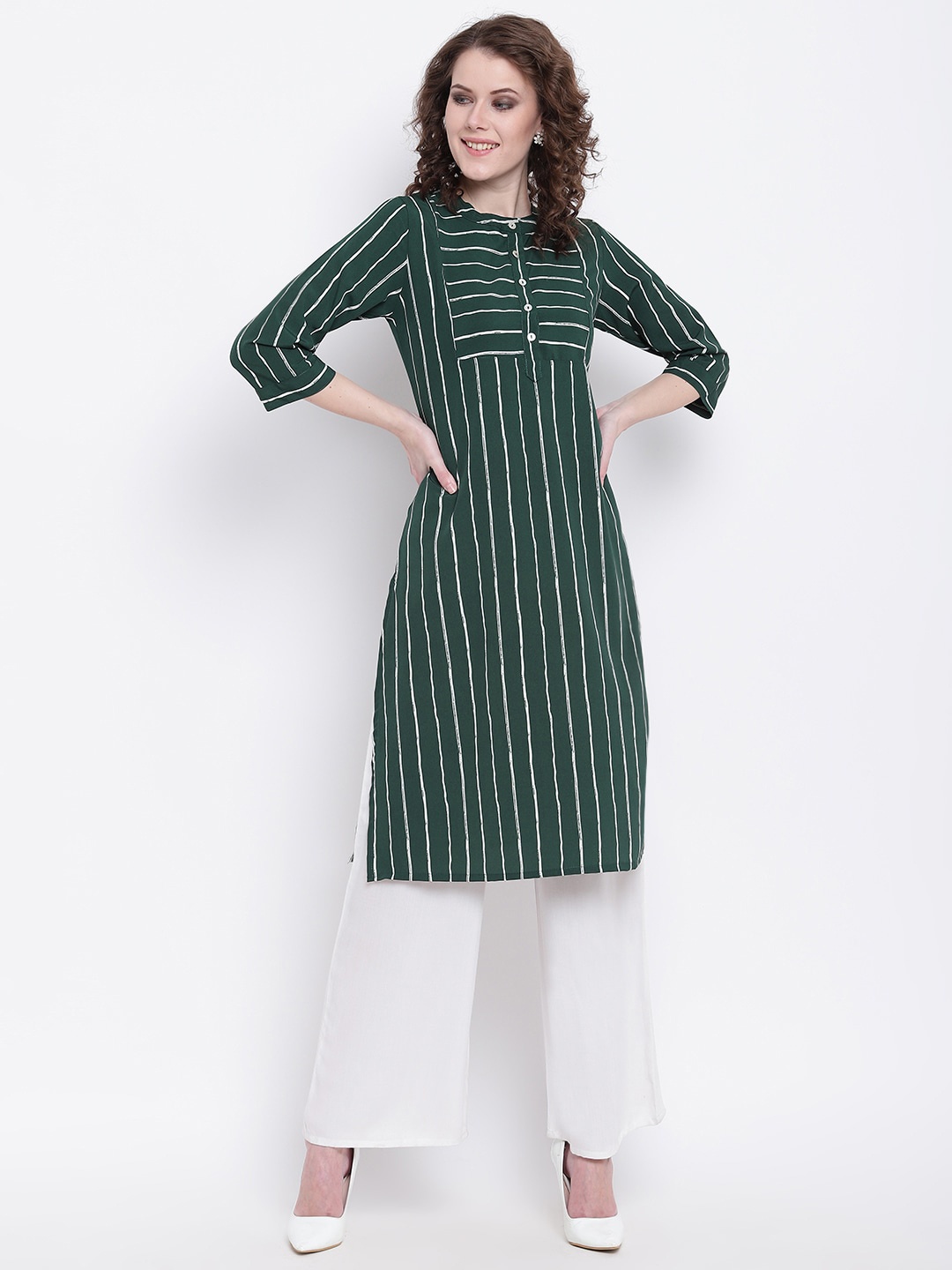 

Napra Band Collar Striped Straight Kurta, Green