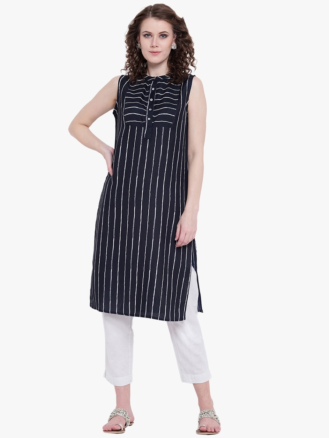 

Napra Band Collar Striped Straight Kurta, Navy blue
