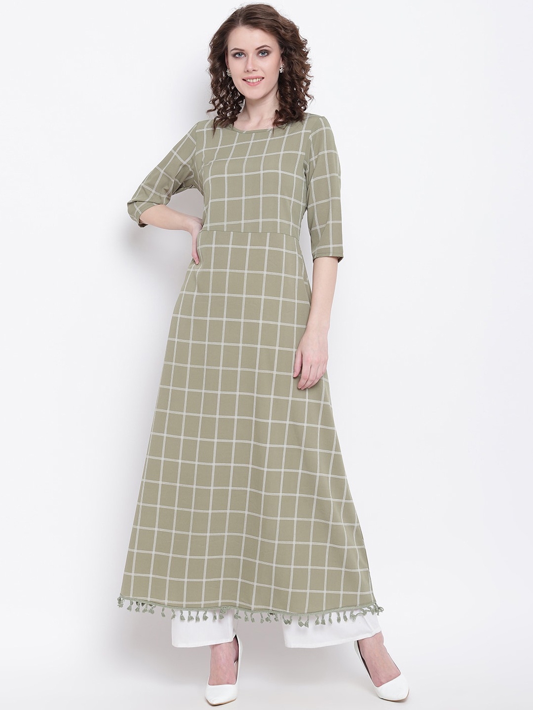 

Napra Tassels Checked A-Line Kurta, Olive