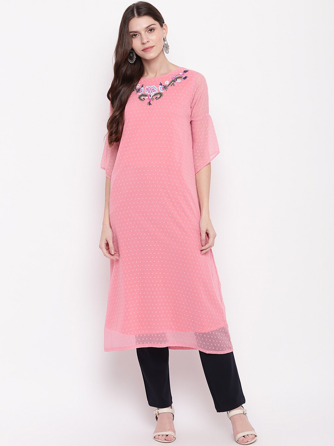 

Napra Flared Sleeves Floral Embroidered Georgette Kurta, Pink