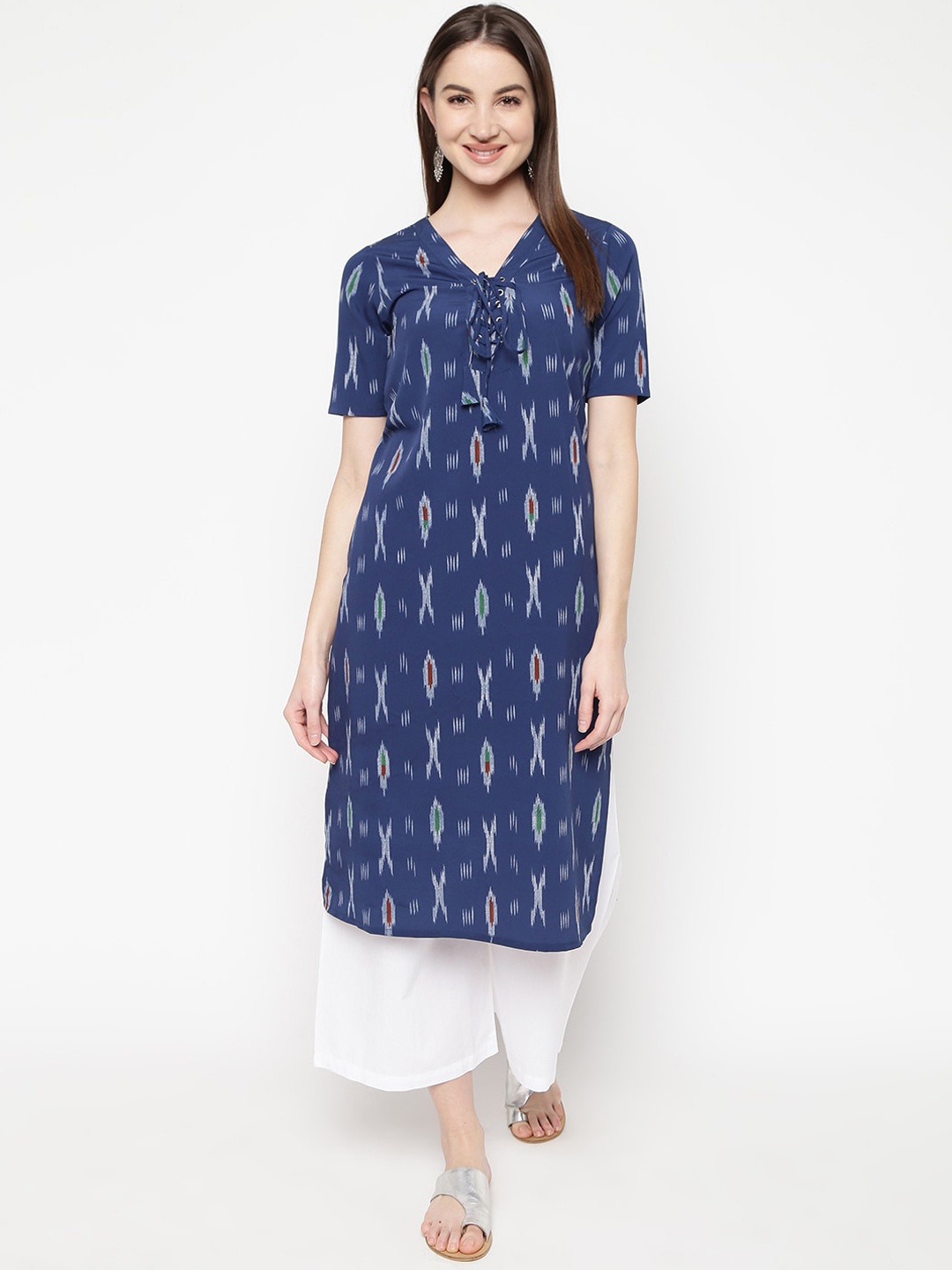

Napra V-Neck Abstract Printed Straight Kurta, Navy blue