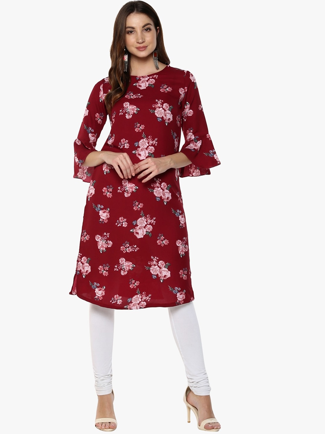 

Napra Bell Sleeves Floral Printed Straight Kurta, Maroon