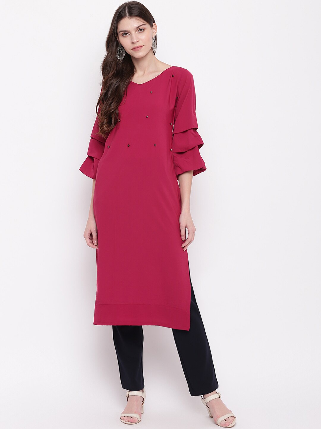

Napra V-Neck Flare Sleeves Bead Work Straight Kurta, Pink