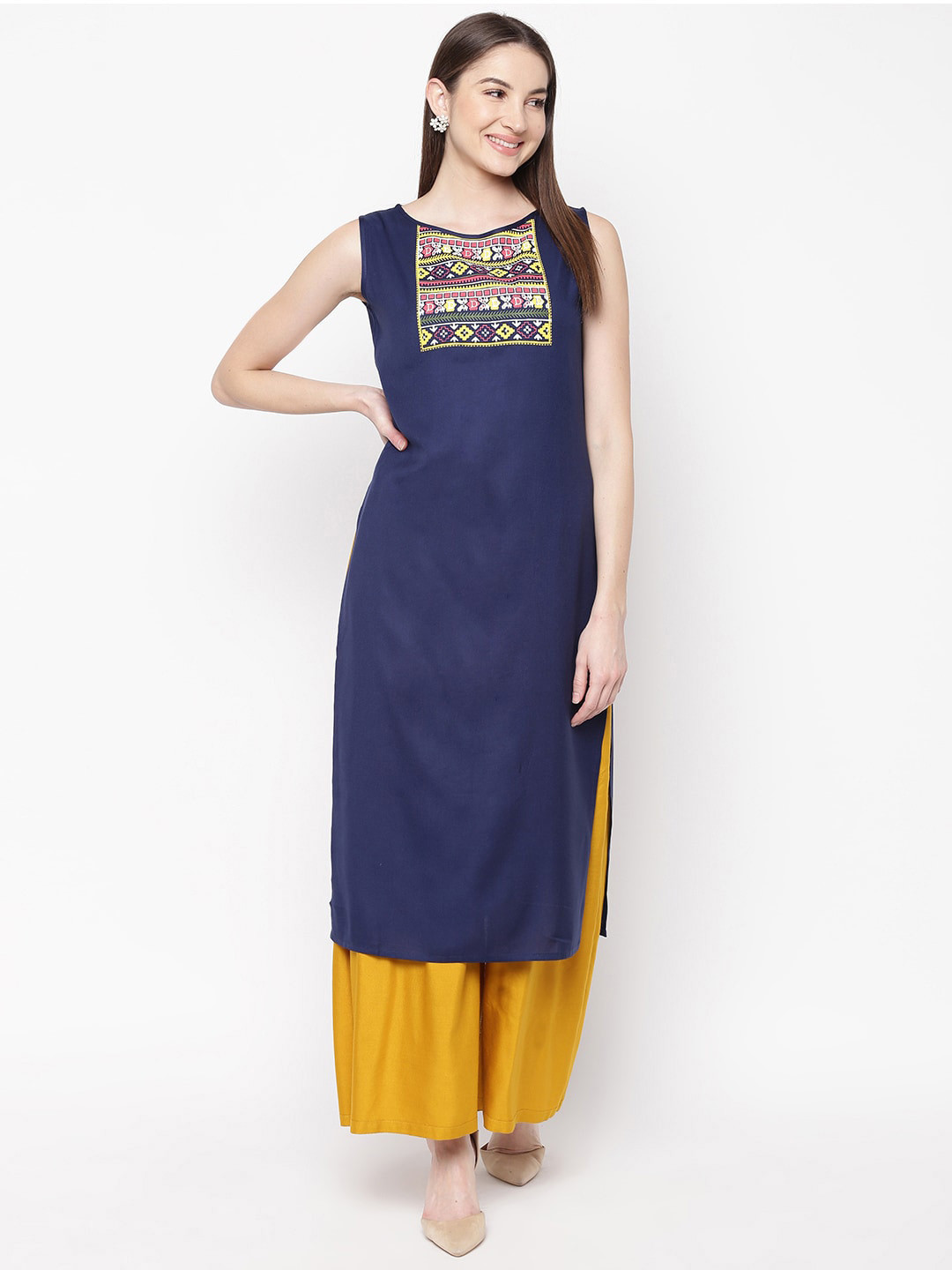 

Napra Sleeveless Ethnic Motifs Printed Straight Kurta, Navy blue