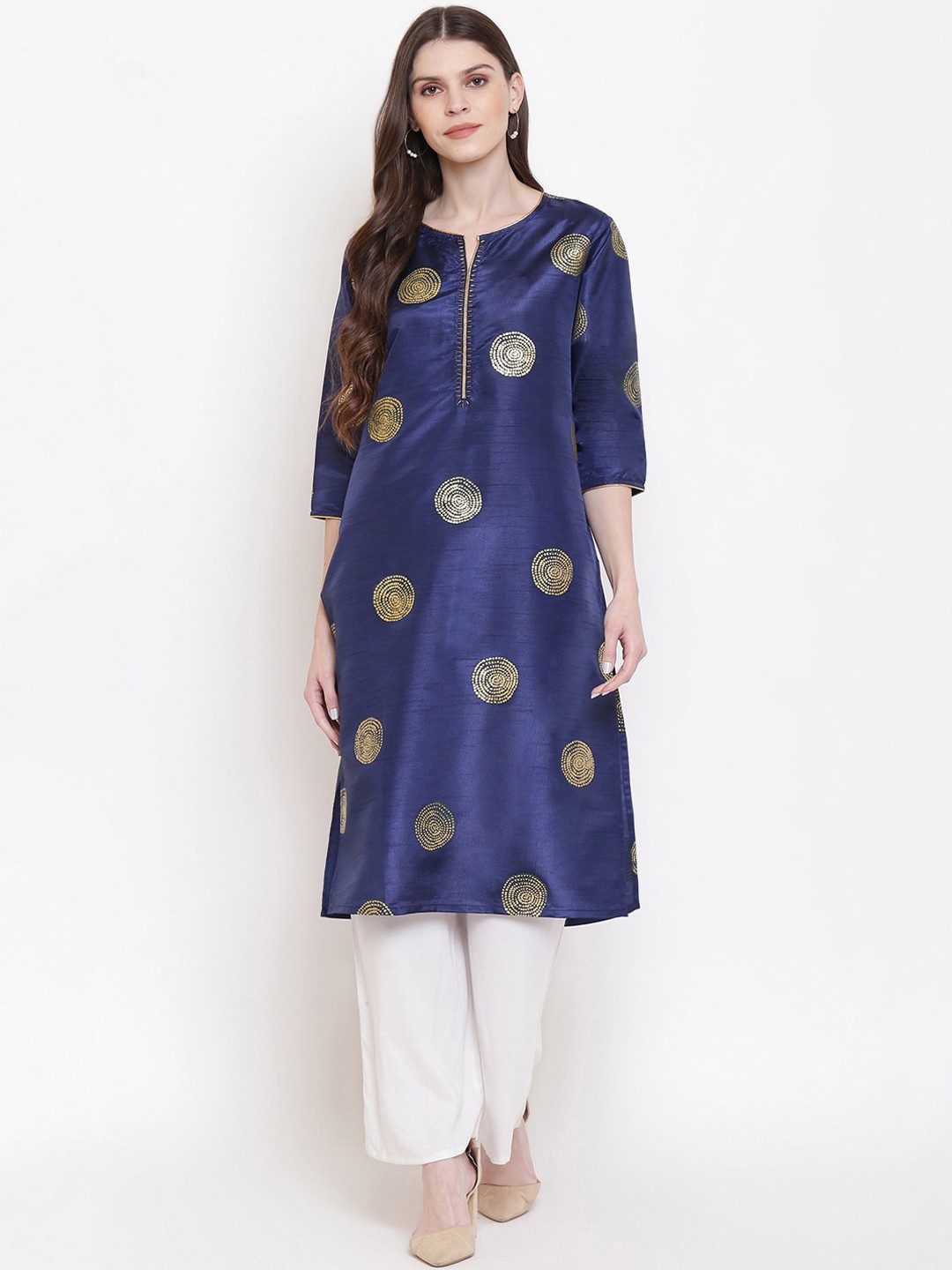 

Napra Notched Neck Ethnic Motifs Printed Bead Work Straight Silk Kurta, Blue