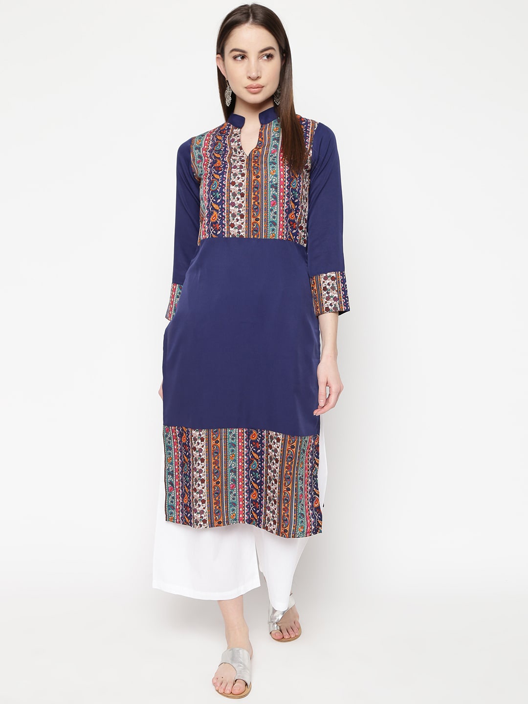 

Napra Mandarin Collar Ethnic Motifs Printed Straight Kurta, Blue