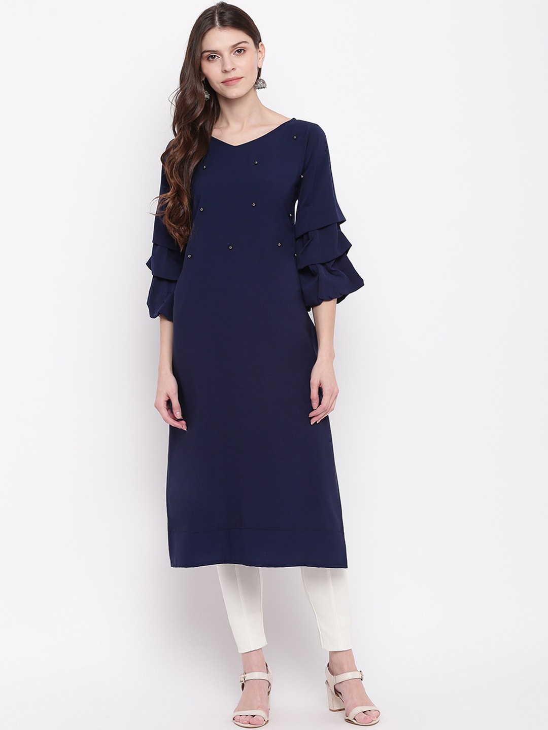 

Napra V-Neck Flared Sleeves Bead Work Straight Kurta, Blue