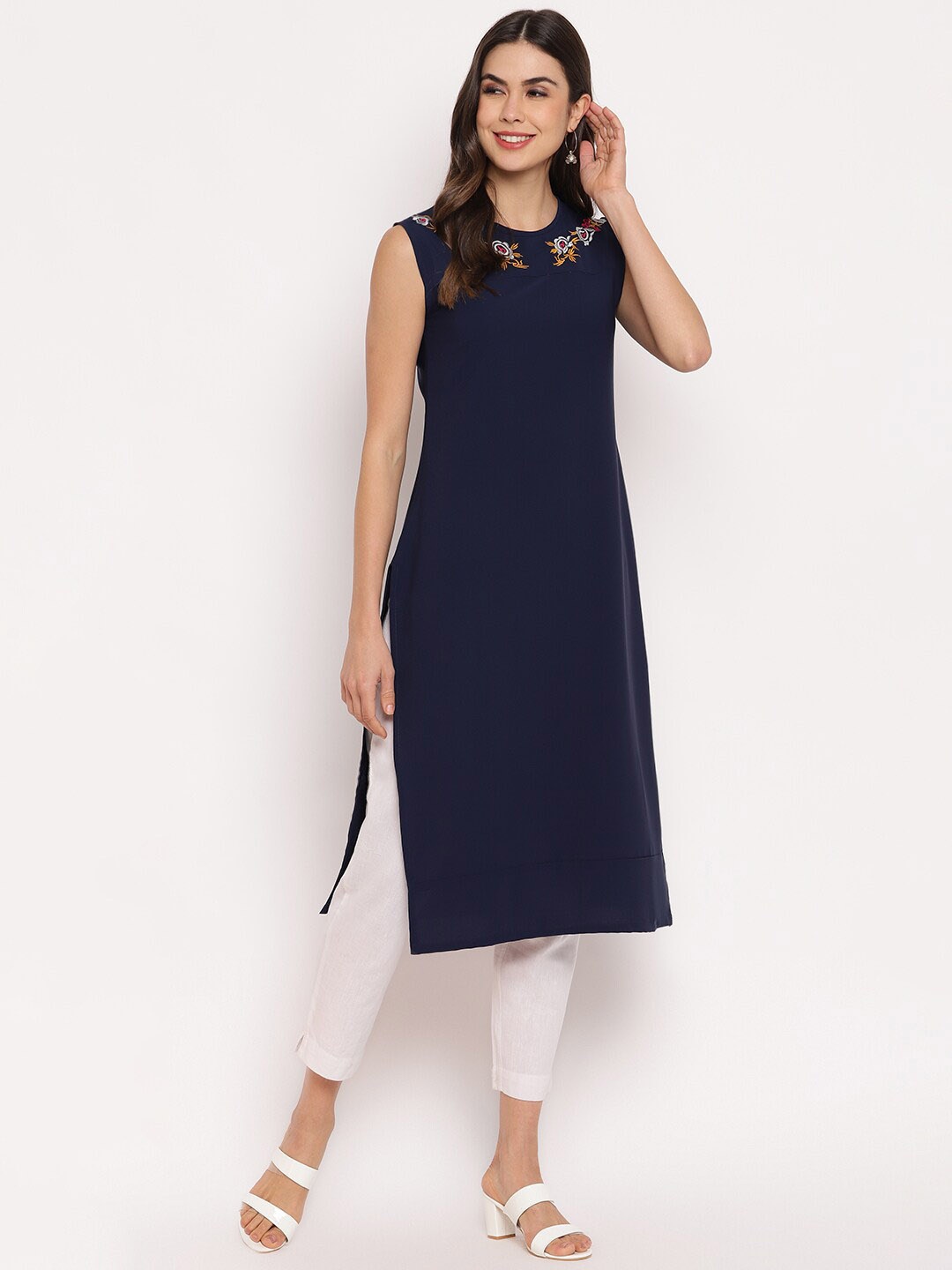 

Napra Sleeveless Floral Embroidered Straight Kurta, Navy blue