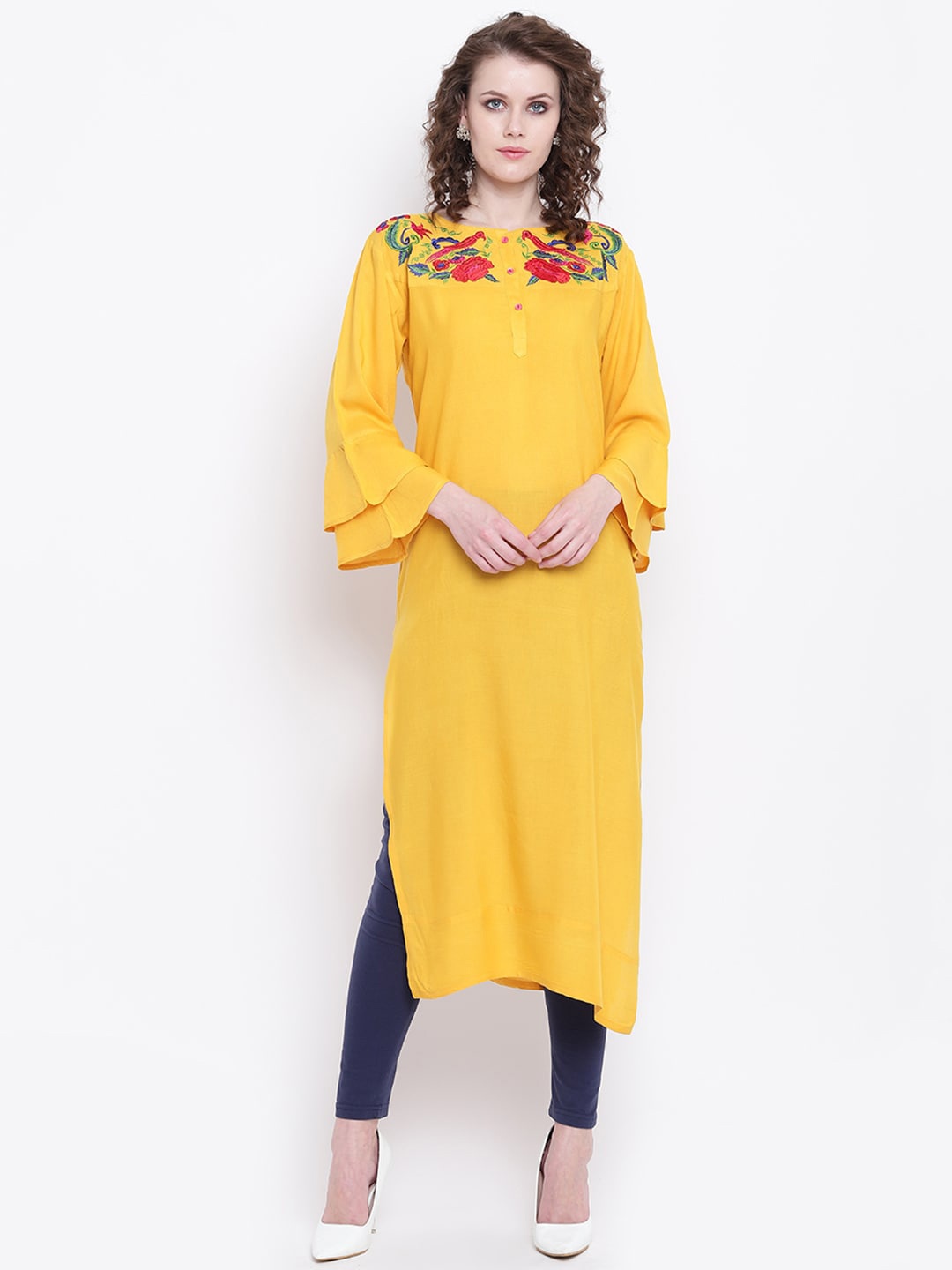 

Napra Floral Embroidered Boat Neck Bell Sleeves Kurta, Mustard