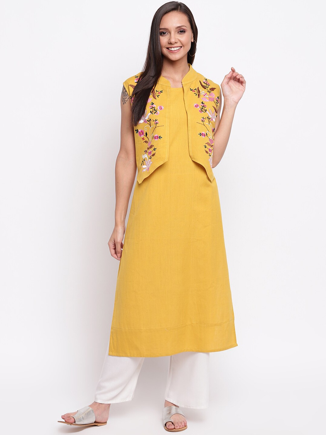 

Napra Layered Floral Embroidered Pure Cotton Kurta, Mustard