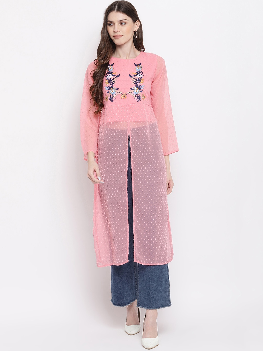 

Napra High Slit Floral Embroidered A-Line Georgette Kurta, Pink