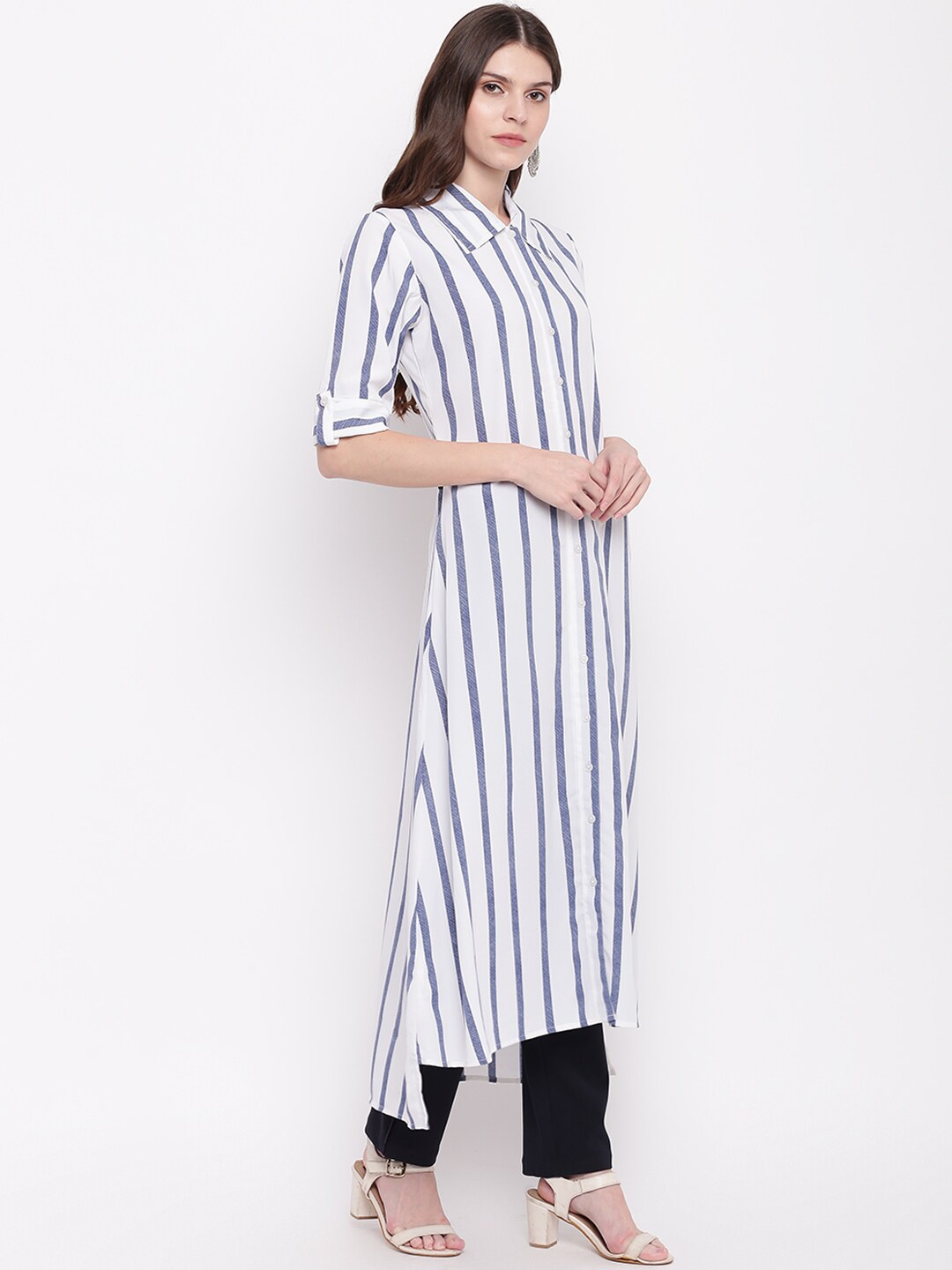 

Napra Shirt Collar High-Low Striped A-line Kurta, White