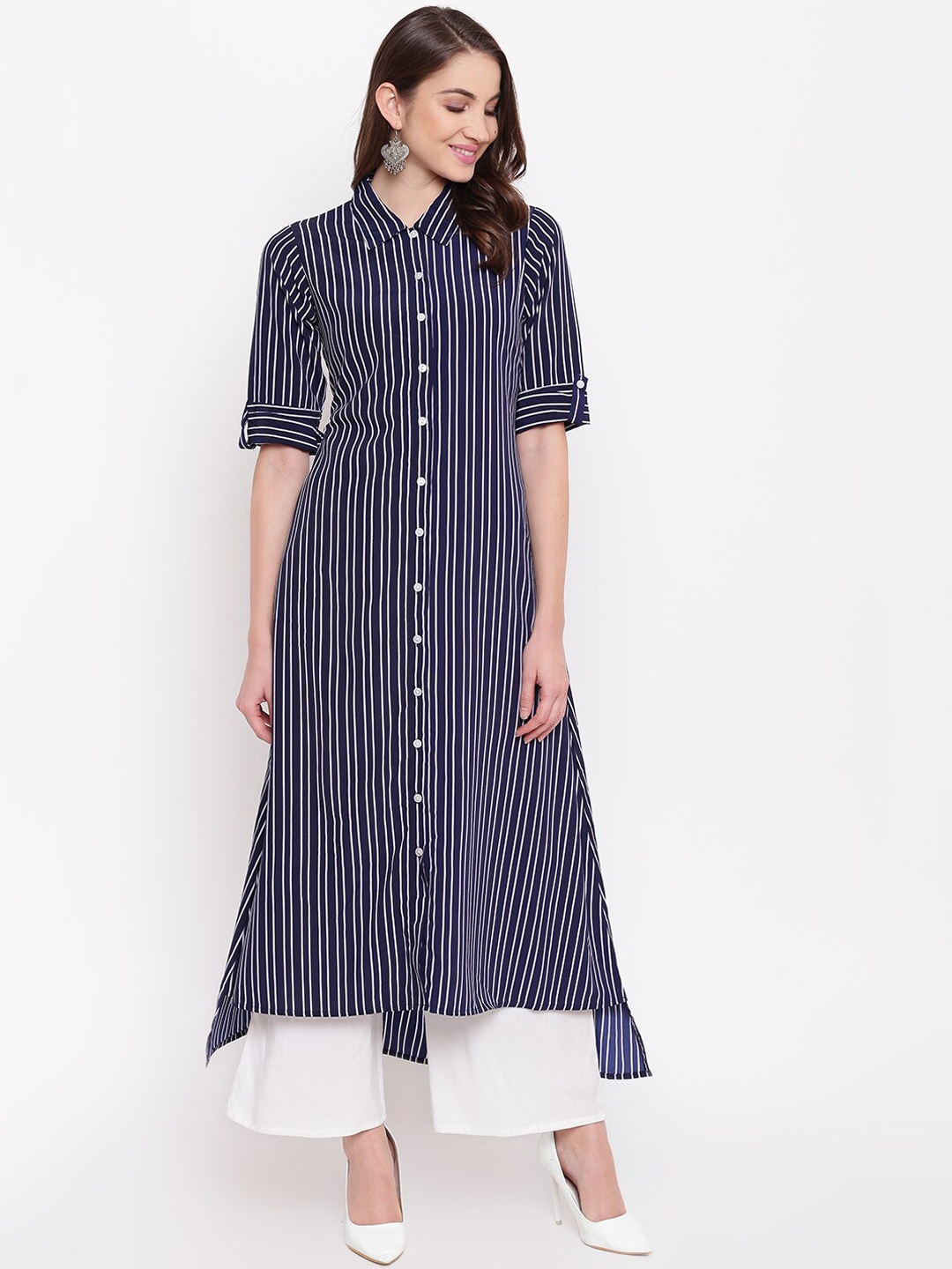 

Napra Shirt Collar High-Low Striped A-line Kurta, Navy blue