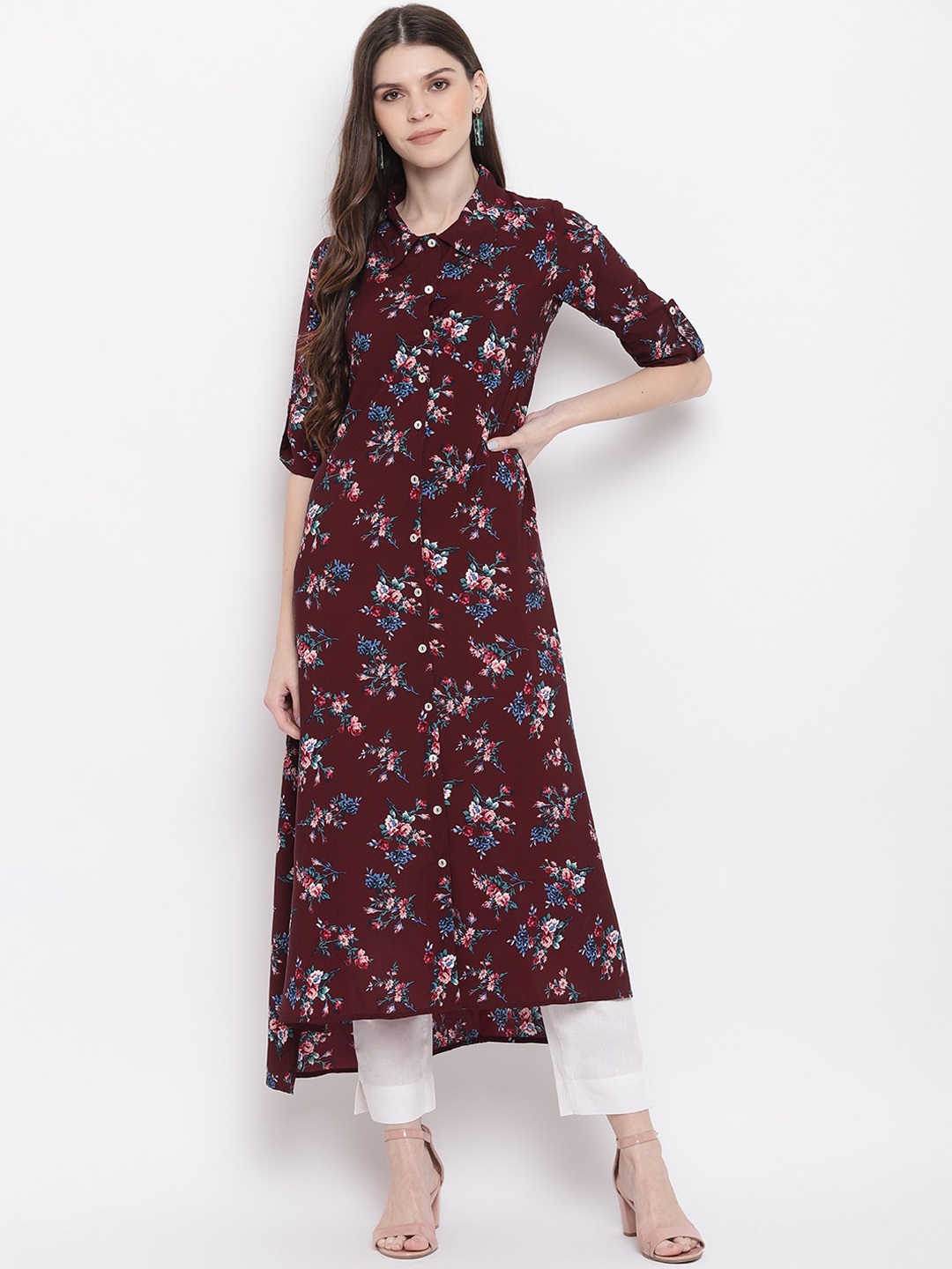 

Napra Shirt Collar High-Low Floral Printed A-line Kurta, Maroon