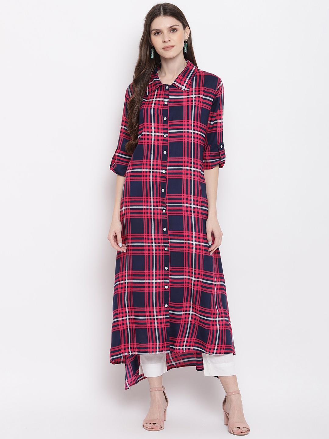 

Napra Shirt Collar High Low Checked Pure Cotton A-Line Kurta, Fuchsia