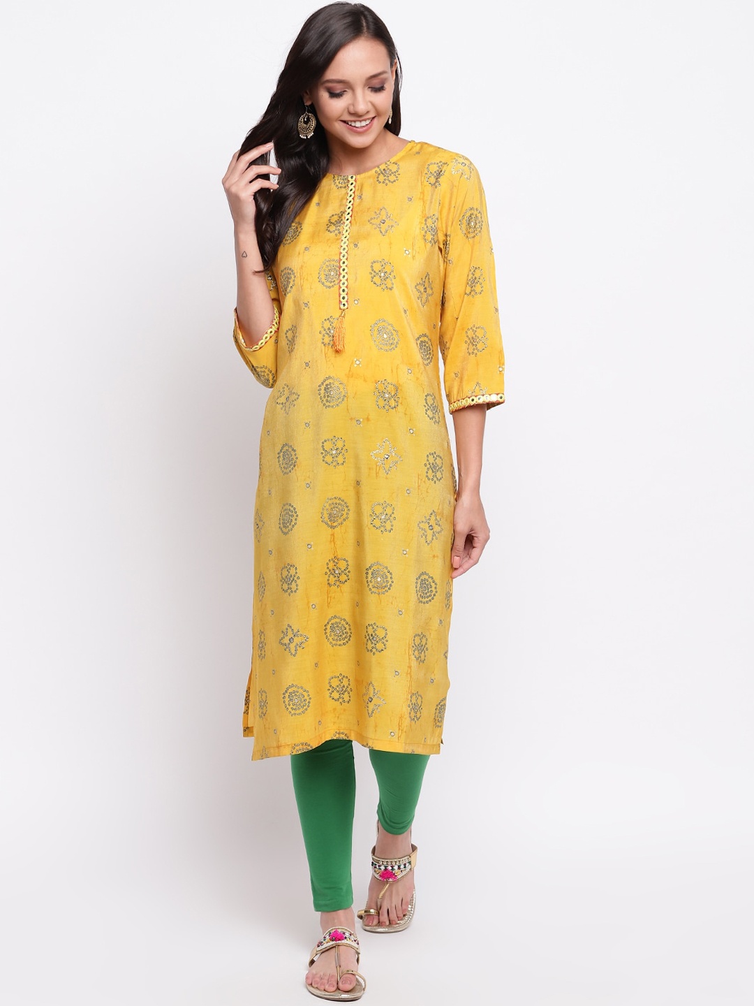 

Napra Ethnic Motifs Printed Mirror Work Silk Straight Kurta, Mustard