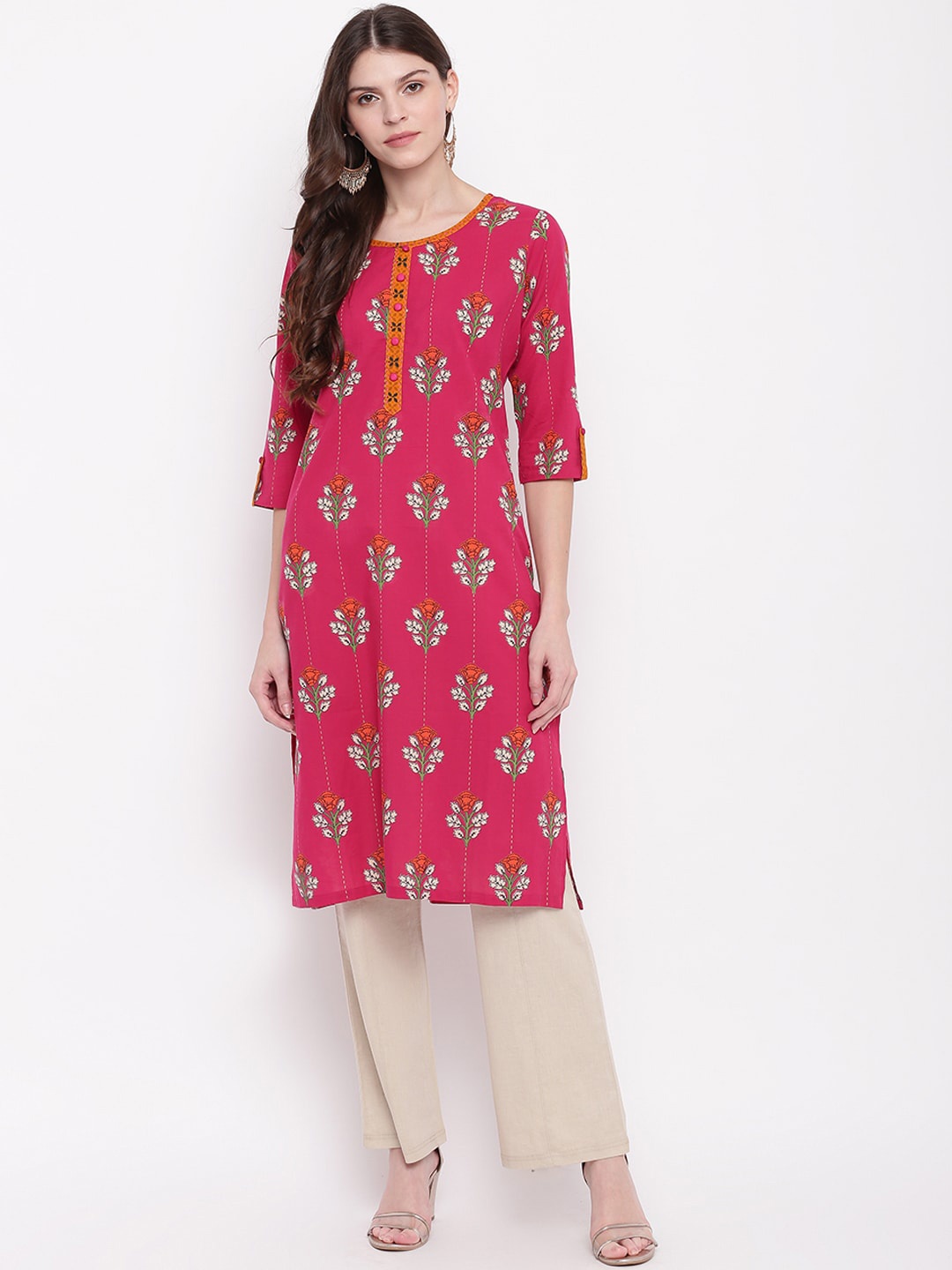 

Napra Floral Printed Thread Work Cotton Kurta, Pink