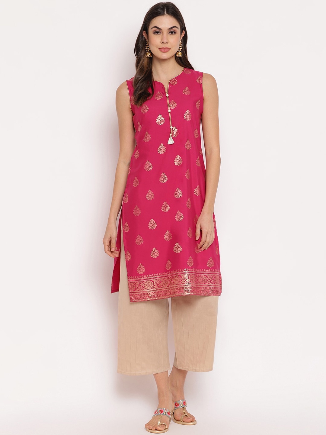 

Napra Notched Neck Ethnic Motifs Woven Design Straight Kurta, Fuchsia