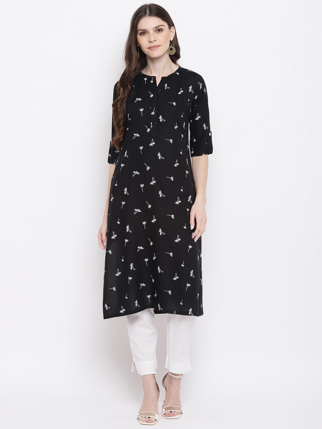 

Napra Band Collar Floral Printed Pure Cotton Kurta, Black