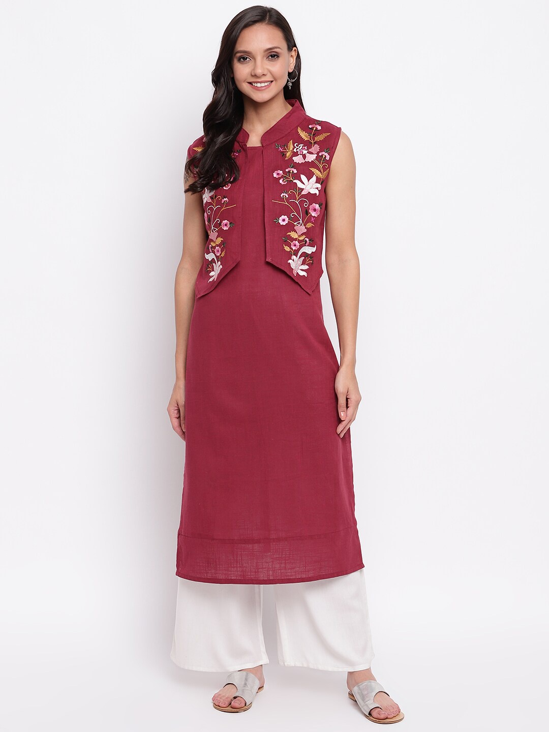 

Napra Floral Embroidered A-Line Cotton Kurta with Attached Jacket, Maroon