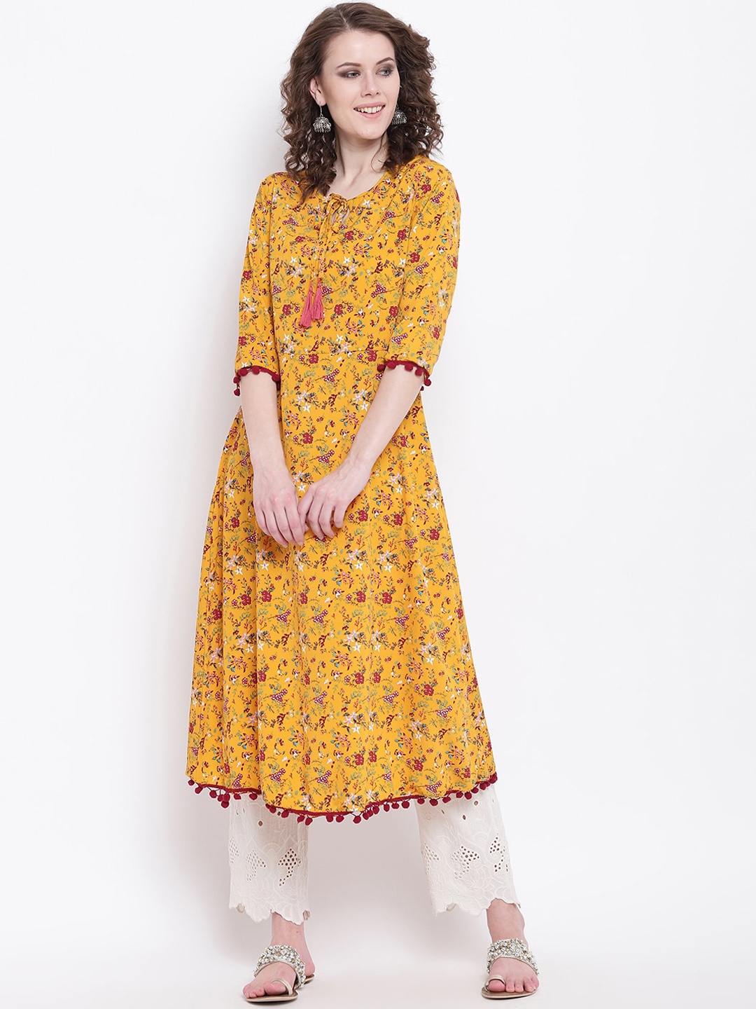 

Napra Tie-Up Neck Floral Printed A-Line Kurta, Mustard