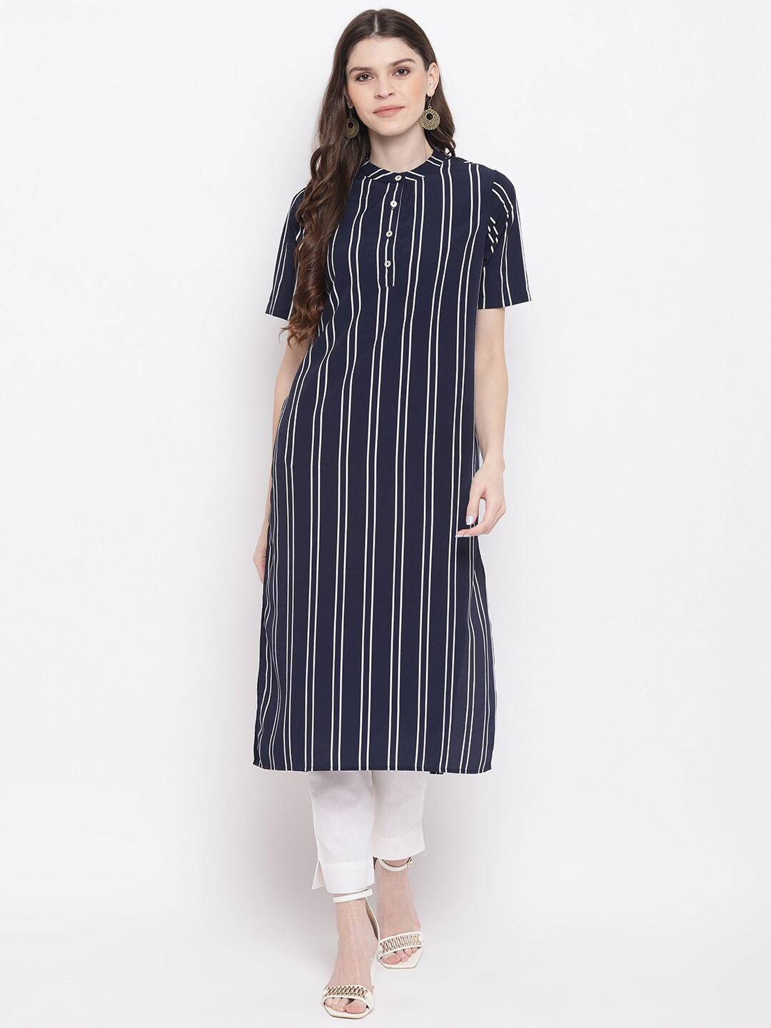 

Napra Band Collar Striped Straight Kurta, Navy blue
